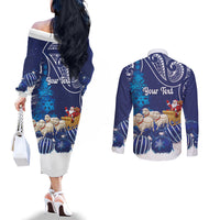 New Zealand Christmas In July Personalised Couples Matching Off The Shoulder Long Sleeve Dress and Long Sleeve Button Shirt Funny Santa Sheep Meri Kirihimete Blue