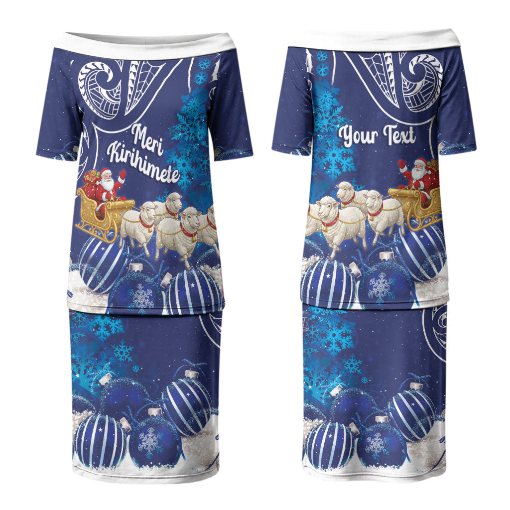 New Zealand Christmas In July Personalised Couples Matching Puletasi and Hawaiian Shirt Funny Santa Sheep Meri Kirihimete Blue LT14 - Polynesian Pride
