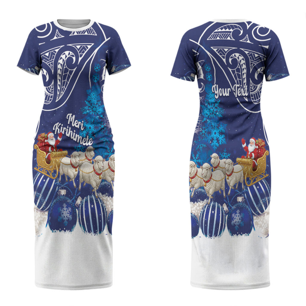 New Zealand Christmas In July Personalised Couples Matching Short Sleeve Bodycon Dress and Hawaiian Shirt Funny Santa Sheep Meri Kirihimete Blue LT14 - Polynesian Pride