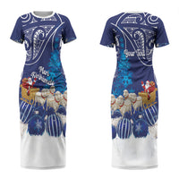 New Zealand Christmas In July Personalised Couples Matching Short Sleeve Bodycon Dress and Long Sleeve Button Shirt Funny Santa Sheep Meri Kirihimete Blue LT14 - Polynesian Pride