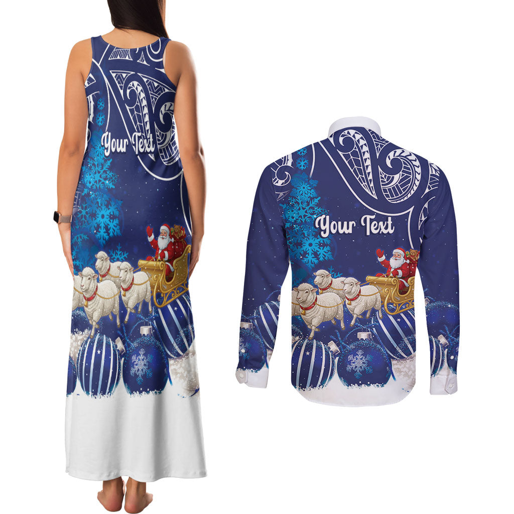 New Zealand Christmas In July Personalised Couples Matching Tank Maxi Dress and Long Sleeve Button Shirt Funny Santa Sheep Meri Kirihimete Blue