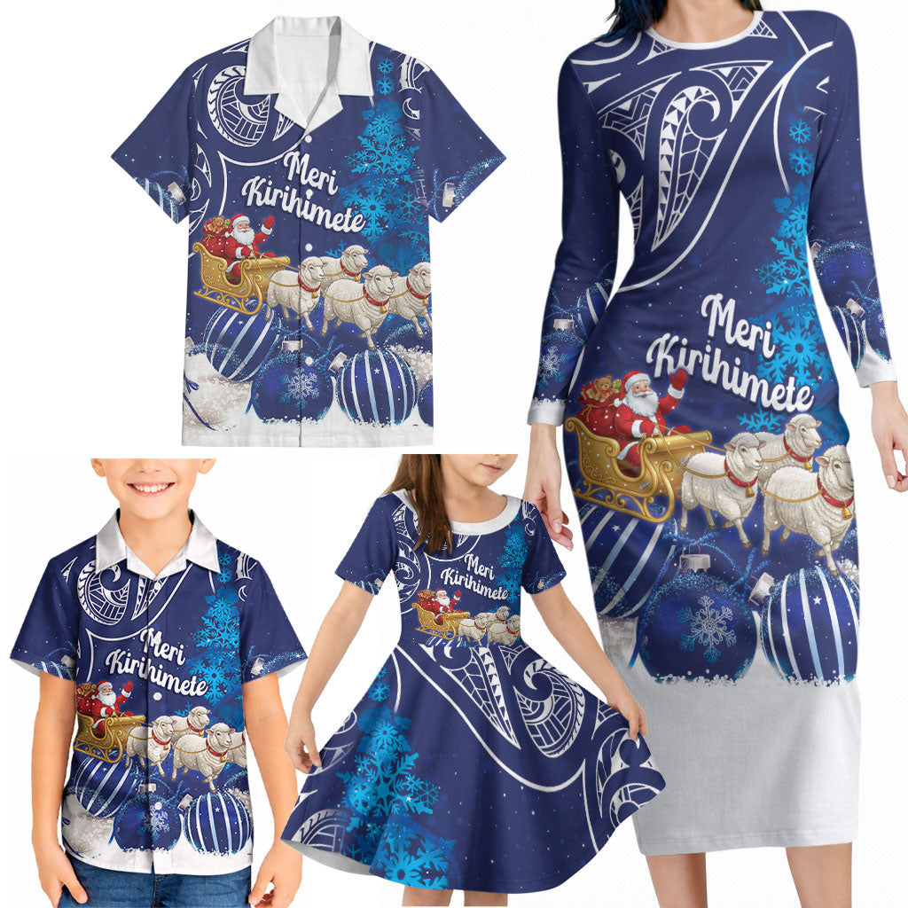 New Zealand Christmas In July Personalised Family Matching Long Sleeve Bodycon Dress and Hawaiian Shirt Funny Santa Sheep Meri Kirihimete Blue LT14 - Polynesian Pride
