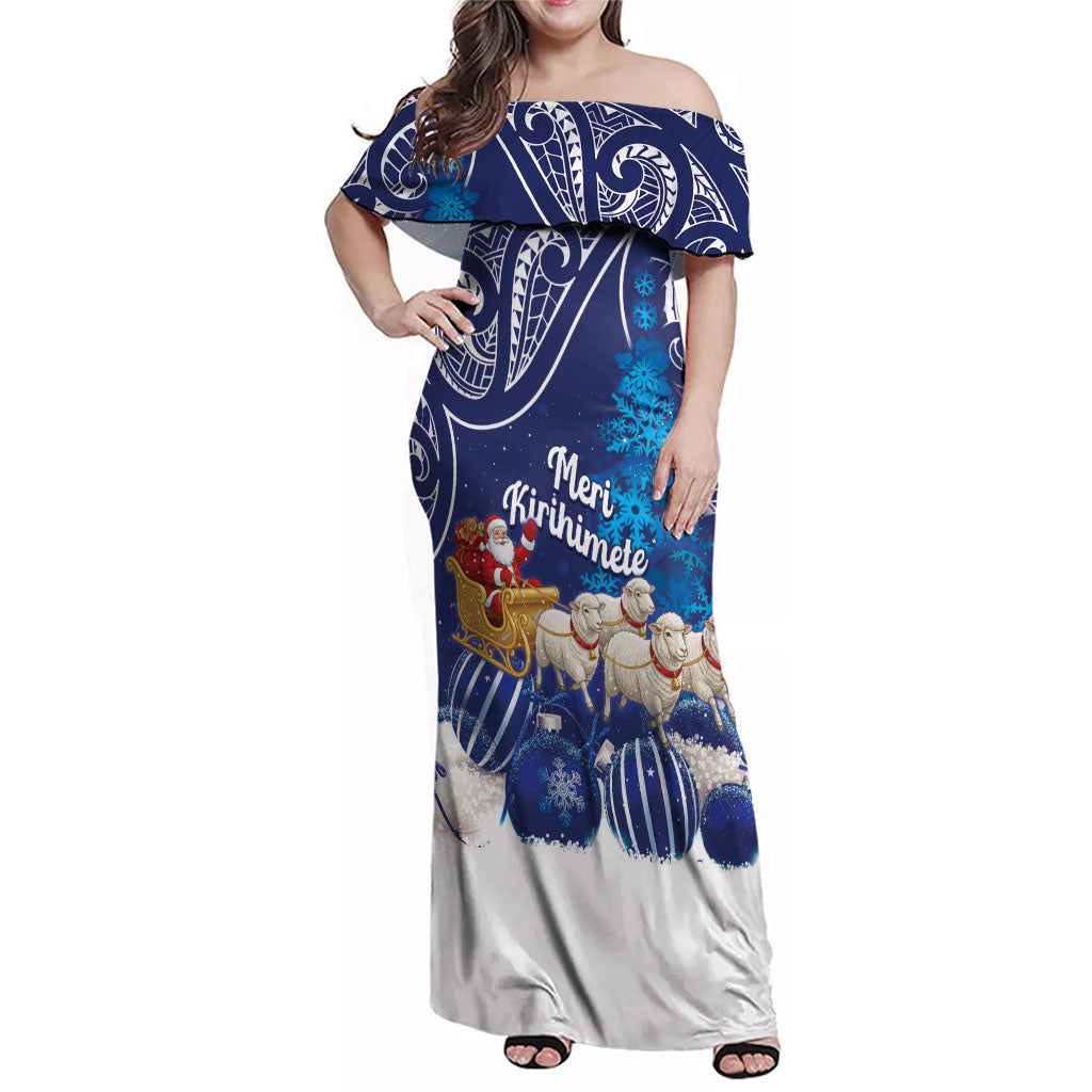 New Zealand Christmas In July Personalised Family Matching Off Shoulder Maxi Dress and Hawaiian Shirt Funny Santa Sheep Meri Kirihimete Blue