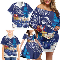 New Zealand Christmas In July Personalised Family Matching Off Shoulder Short Dress and Hawaiian Shirt Funny Santa Sheep Meri Kirihimete Blue
