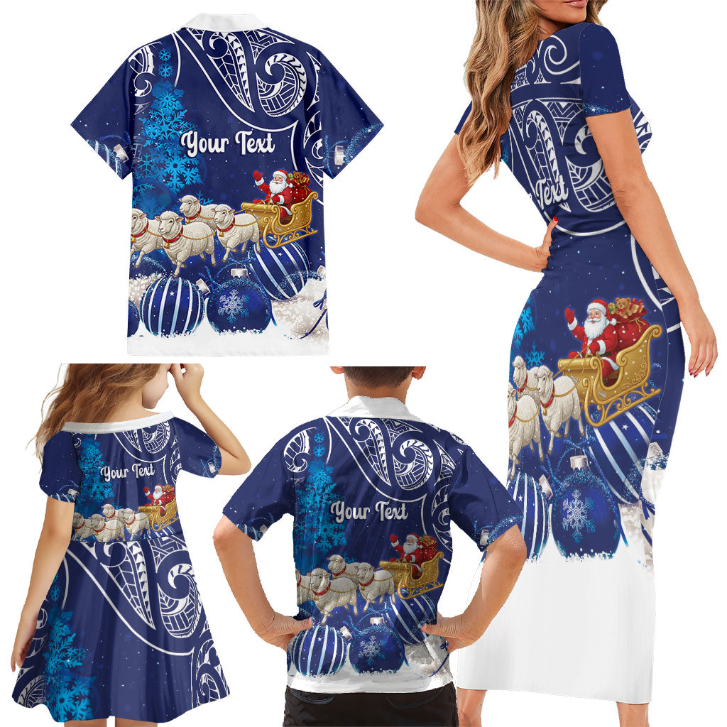 New Zealand Christmas In July Personalised Family Matching Short Sleeve Bodycon Dress and Hawaiian Shirt Funny Santa Sheep Meri Kirihimete Blue