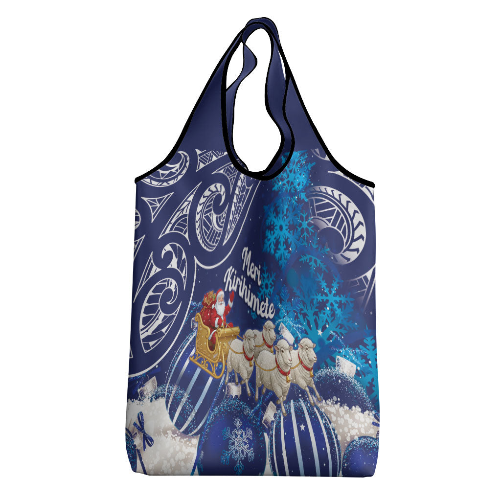 New Zealand Christmas In July Grocery Bag Funny Santa Sheep Meri Kirihimete Blue