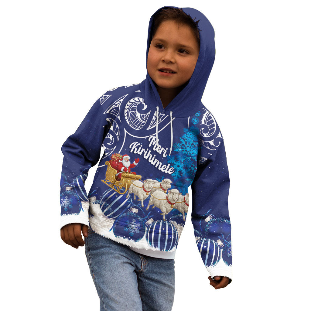 New Zealand Christmas In July Personalised Kid Hoodie Funny Santa Sheep Meri Kirihimete Blue