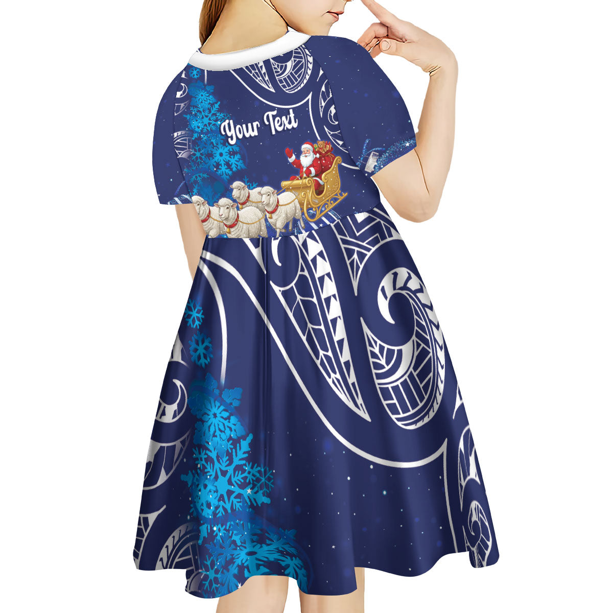 New Zealand Christmas In July Personalised Kid Short Sleeve Dress Funny Santa Sheep Meri Kirihimete Blue