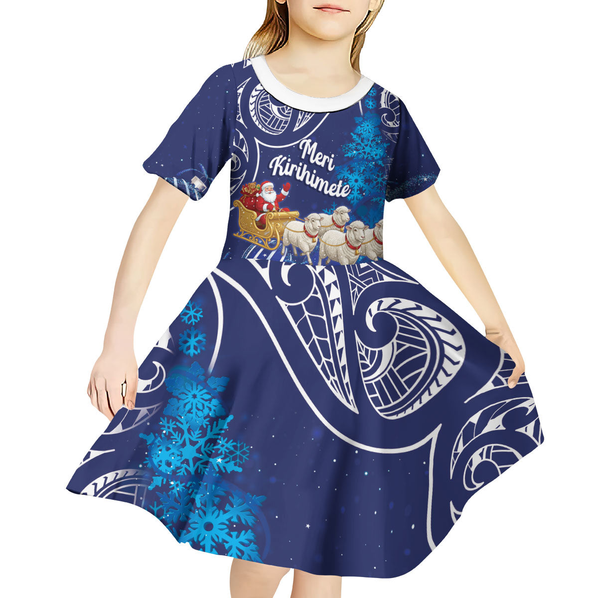 New Zealand Christmas In July Personalised Kid Short Sleeve Dress Funny Santa Sheep Meri Kirihimete Blue