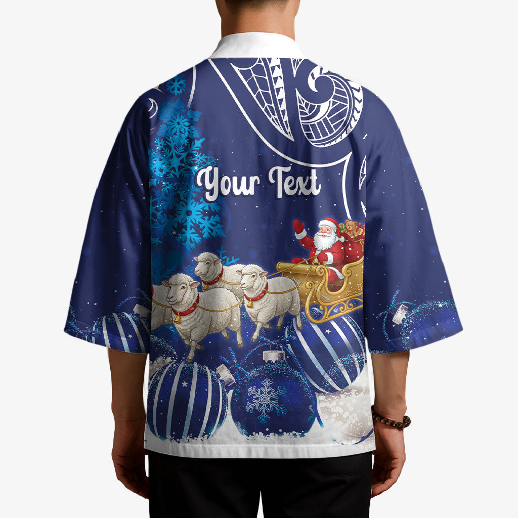 New Zealand Christmas In July Personalised Kimono Funny Santa Sheep Meri Kirihimete Blue