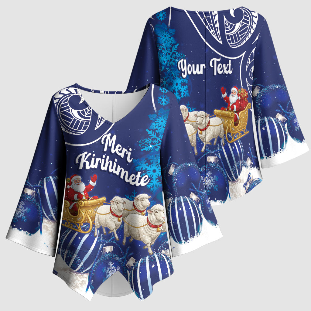 New Zealand Christmas In July Personalised Kimono Sleeve Blouse Funny Santa Sheep Meri Kirihimete Blue