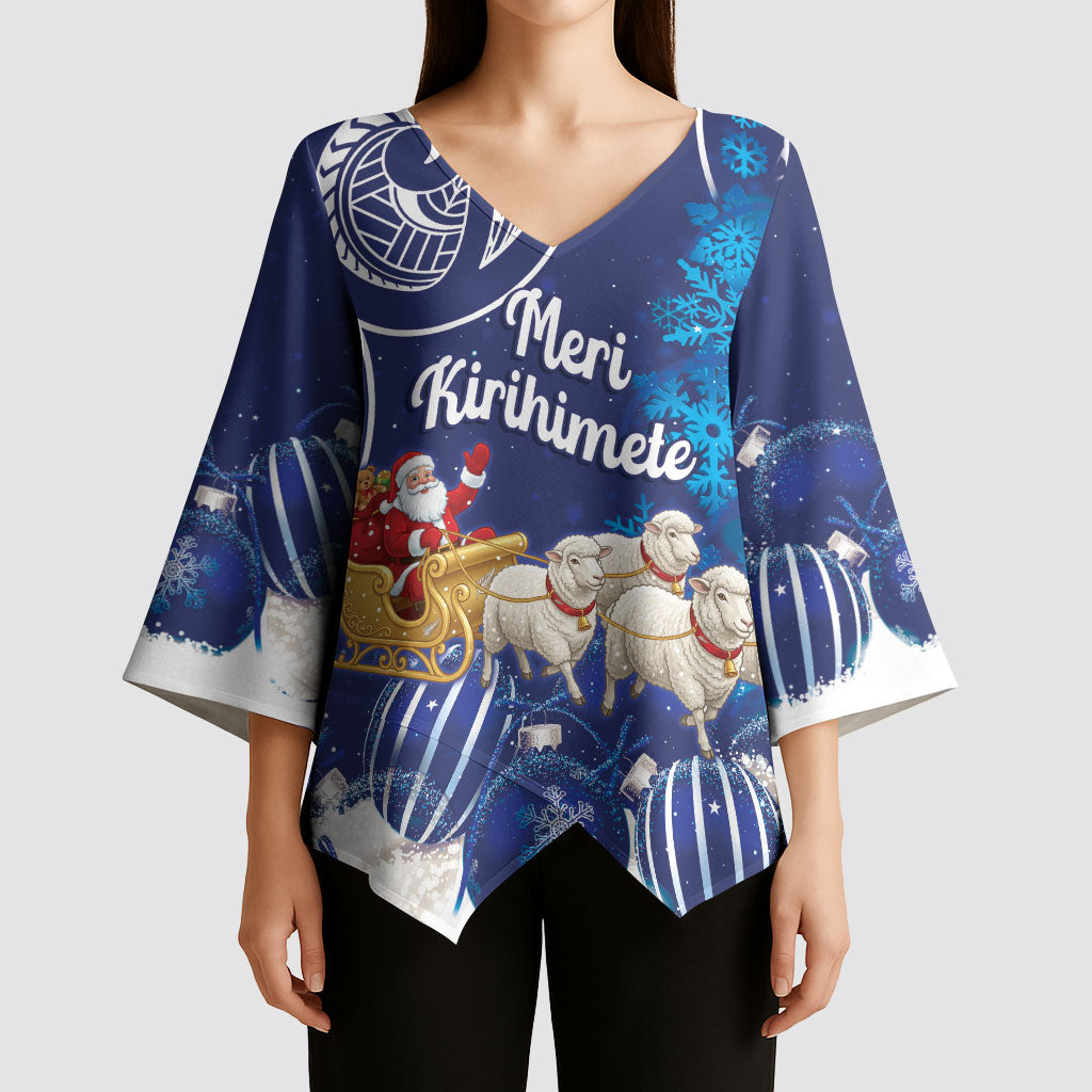 New Zealand Christmas In July Personalised Kimono Sleeve Blouse Funny Santa Sheep Meri Kirihimete Blue