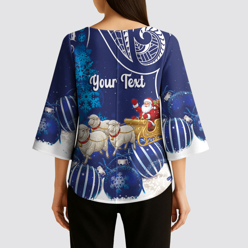 New Zealand Christmas In July Personalised Kimono Sleeve Blouse Funny Santa Sheep Meri Kirihimete Blue