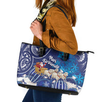 New Zealand Christmas In July Leather Tote Bag Funny Santa Sheep Meri Kirihimete Blue