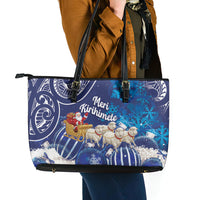 New Zealand Christmas In July Leather Tote Bag Funny Santa Sheep Meri Kirihimete Blue