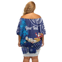 New Zealand Christmas In July Personalised Off Shoulder Short Dress Funny Santa Sheep Meri Kirihimete Blue