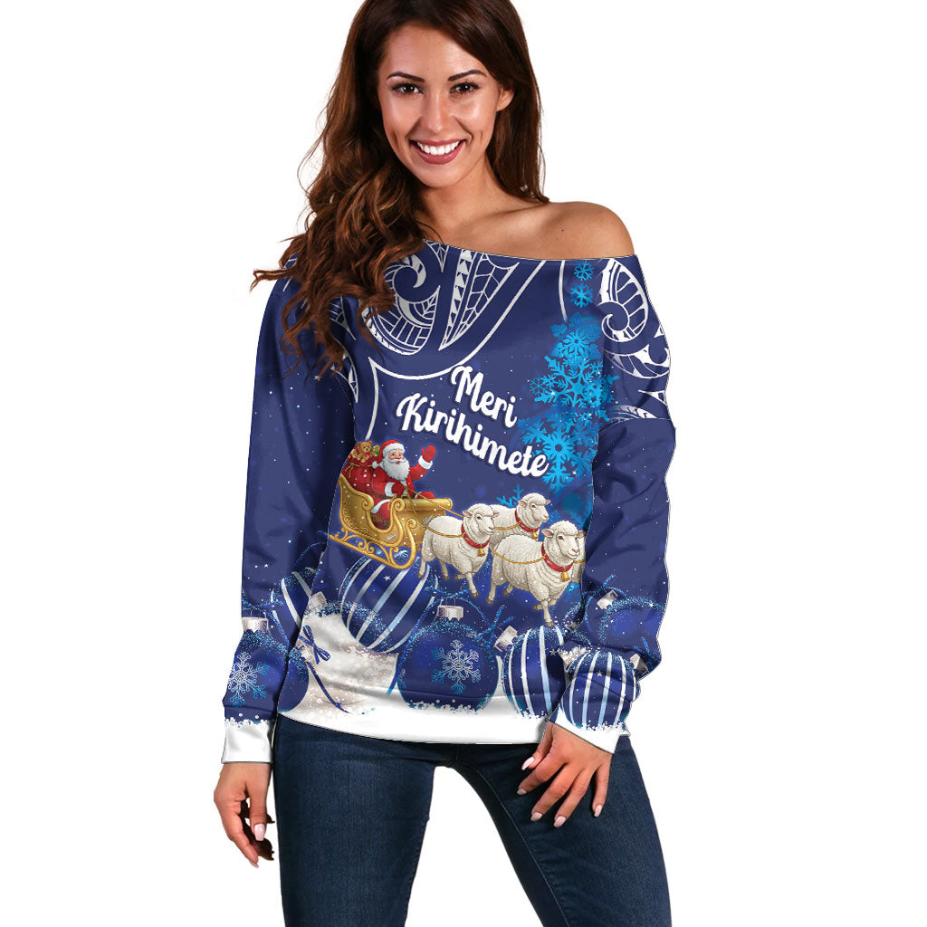 New Zealand Christmas In July Personalised Off Shoulder Sweater Funny Santa Sheep Meri Kirihimete Blue