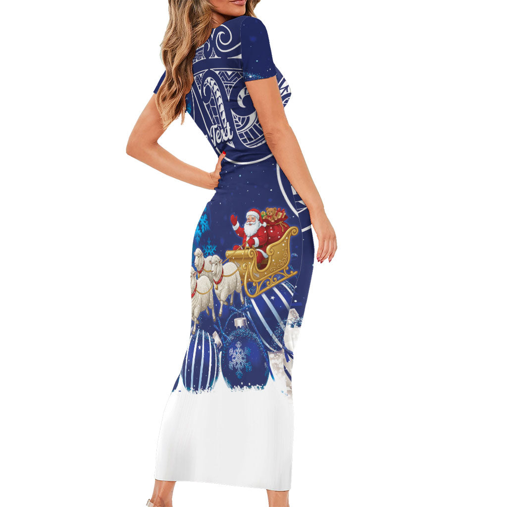 New Zealand Christmas In July Personalised Short Sleeve Bodycon Dress Funny Santa Sheep Meri Kirihimete Blue