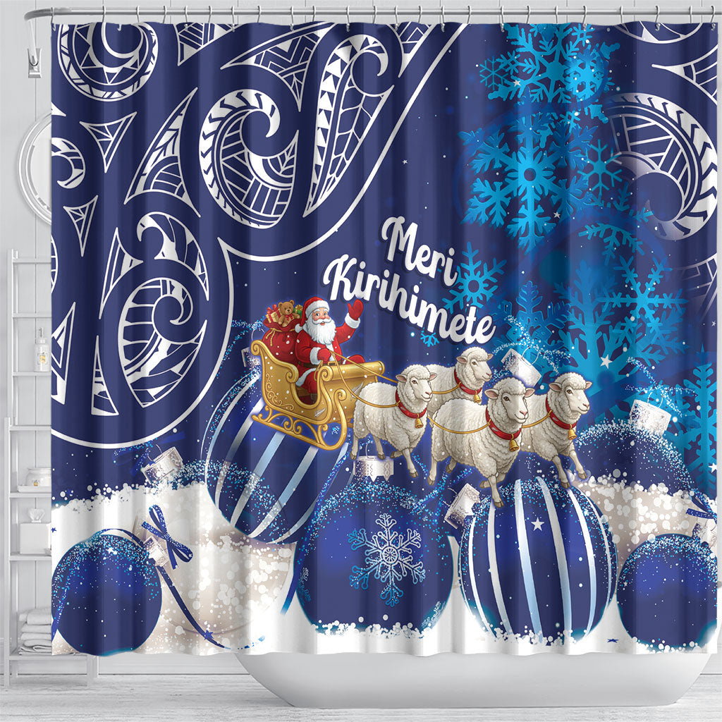 New Zealand Christmas In July Shower Curtain Funny Santa Sheep Meri Kirihimete Blue