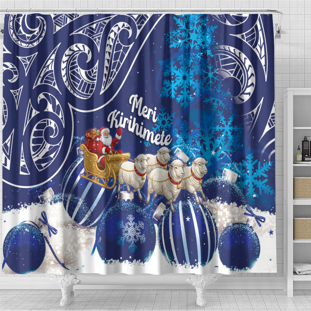 New Zealand Christmas In July Shower Curtain Funny Santa Sheep Meri Kirihimete Blue
