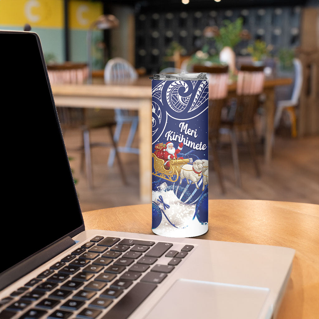 New Zealand Christmas In July Personalised Skinny Tumbler Funny Santa Sheep Meri Kirihimete Blue