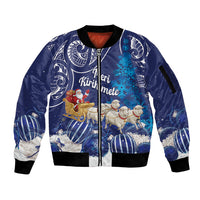 New Zealand Christmas In July Personalised Sleeve Zip Bomber Jacket Funny Santa Sheep Meri Kirihimete Blue
