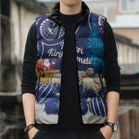 New Zealand Christmas In July Personalised Sleeveless Puffer Jacket Funny Santa Sheep Meri Kirihimete Blue