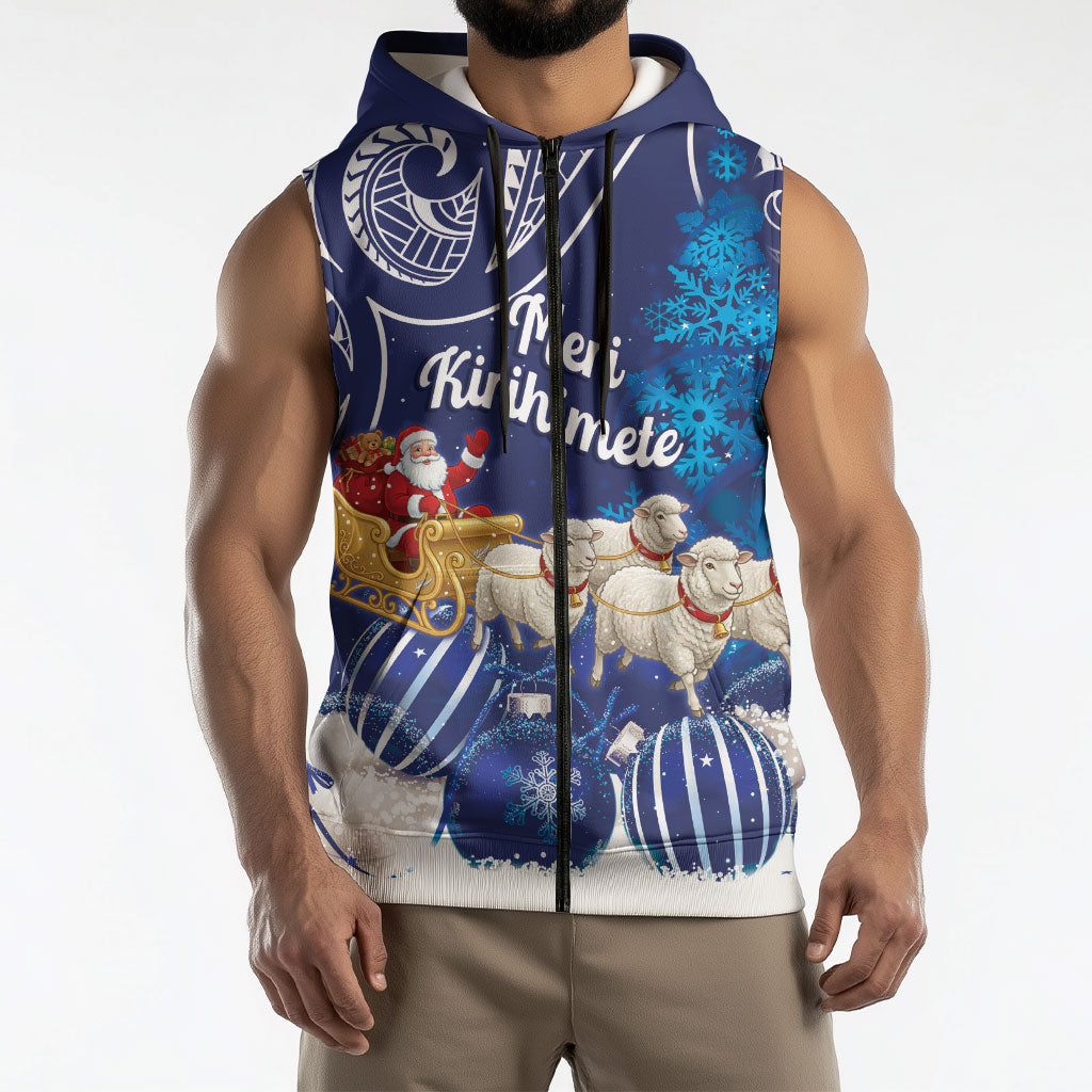 New Zealand Christmas In July Personalised Sleeveless Zip Hoodie Funny Santa Sheep Meri Kirihimete Blue