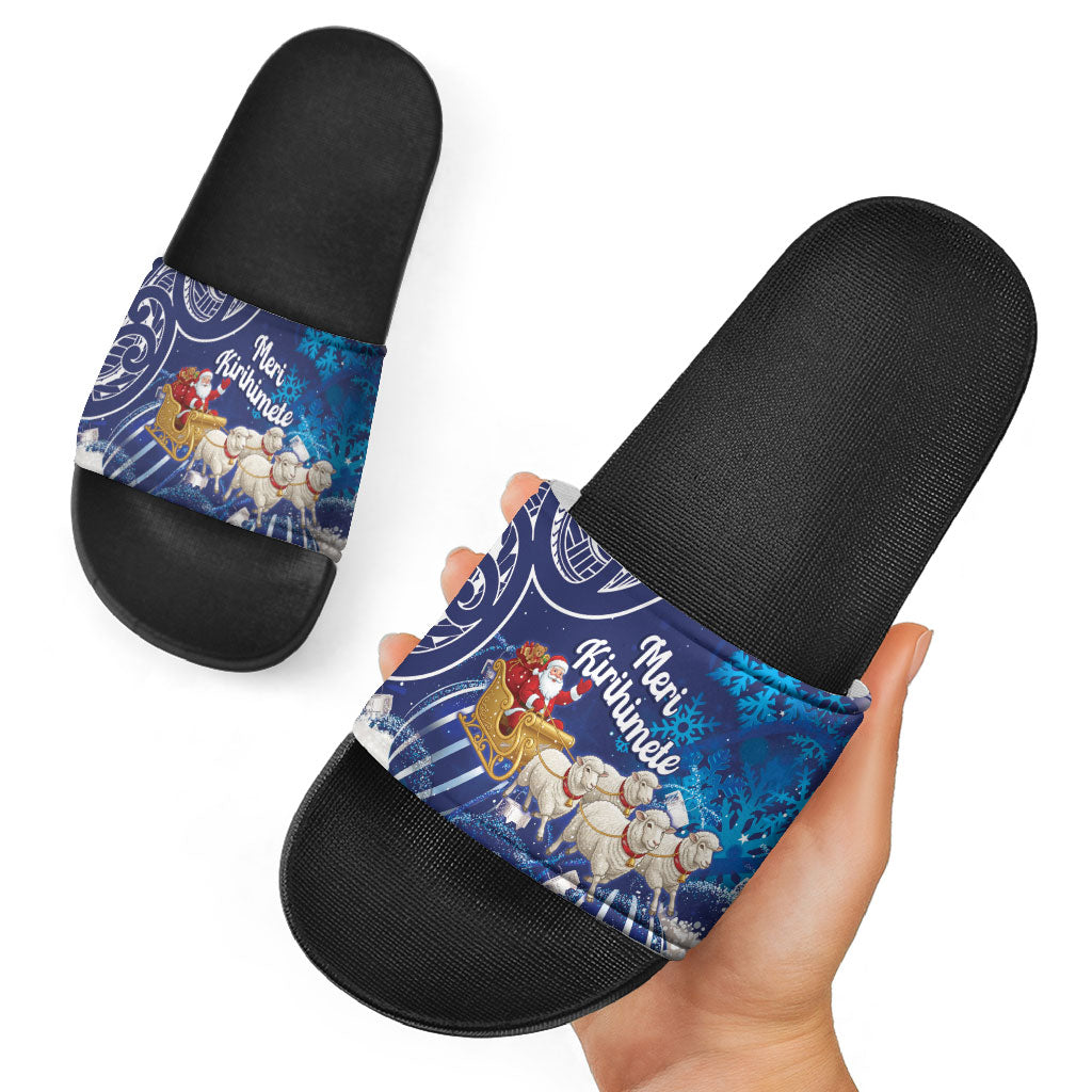 New Zealand Christmas In July Slide Sandals Funny Santa Sheep Meri Kirihimete Blue