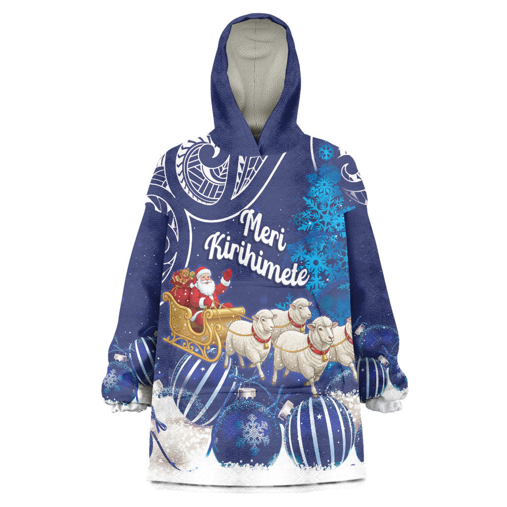 New Zealand Christmas In July Personalised Wearable Blanket Hoodie Funny Santa Sheep Meri Kirihimete Blue