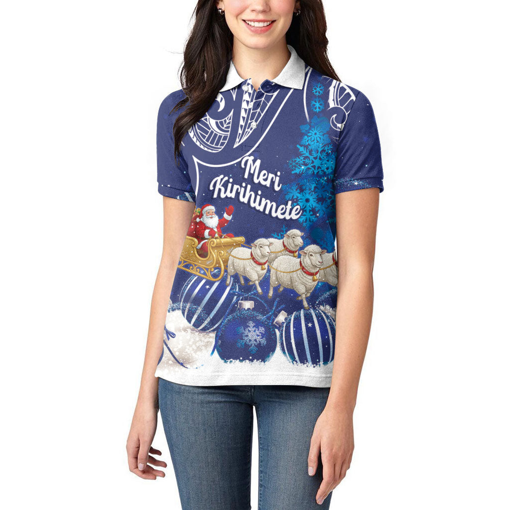 New Zealand Christmas In July Personalised Women Polo Shirt Funny Santa Sheep Meri Kirihimete Blue