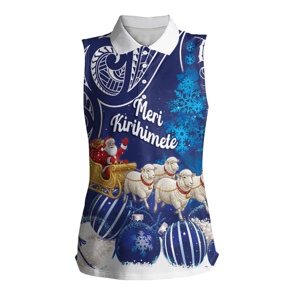 New Zealand Christmas In July Personalised Women Sleeveless Polo Shirt Funny Santa Sheep Meri Kirihimete Blue