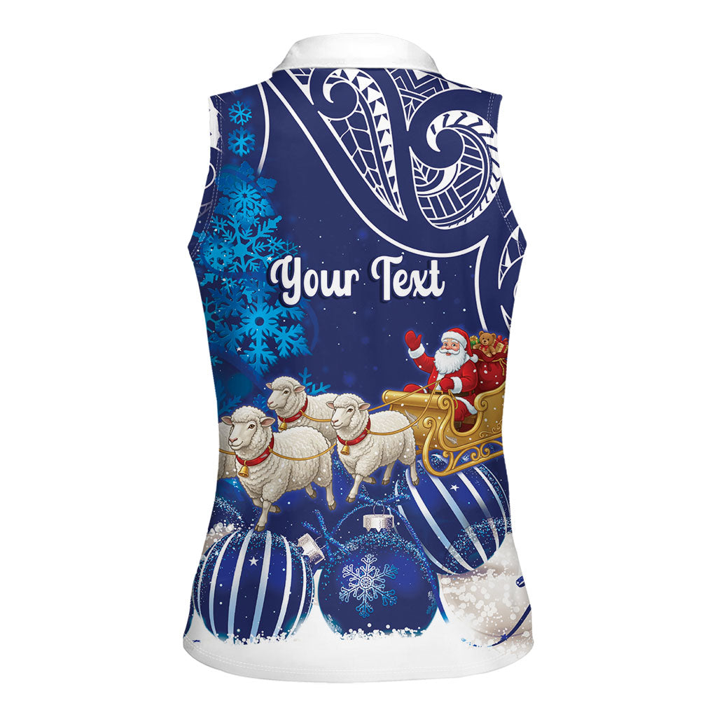 New Zealand Christmas In July Personalised Women Sleeveless Polo Shirt Funny Santa Sheep Meri Kirihimete Blue