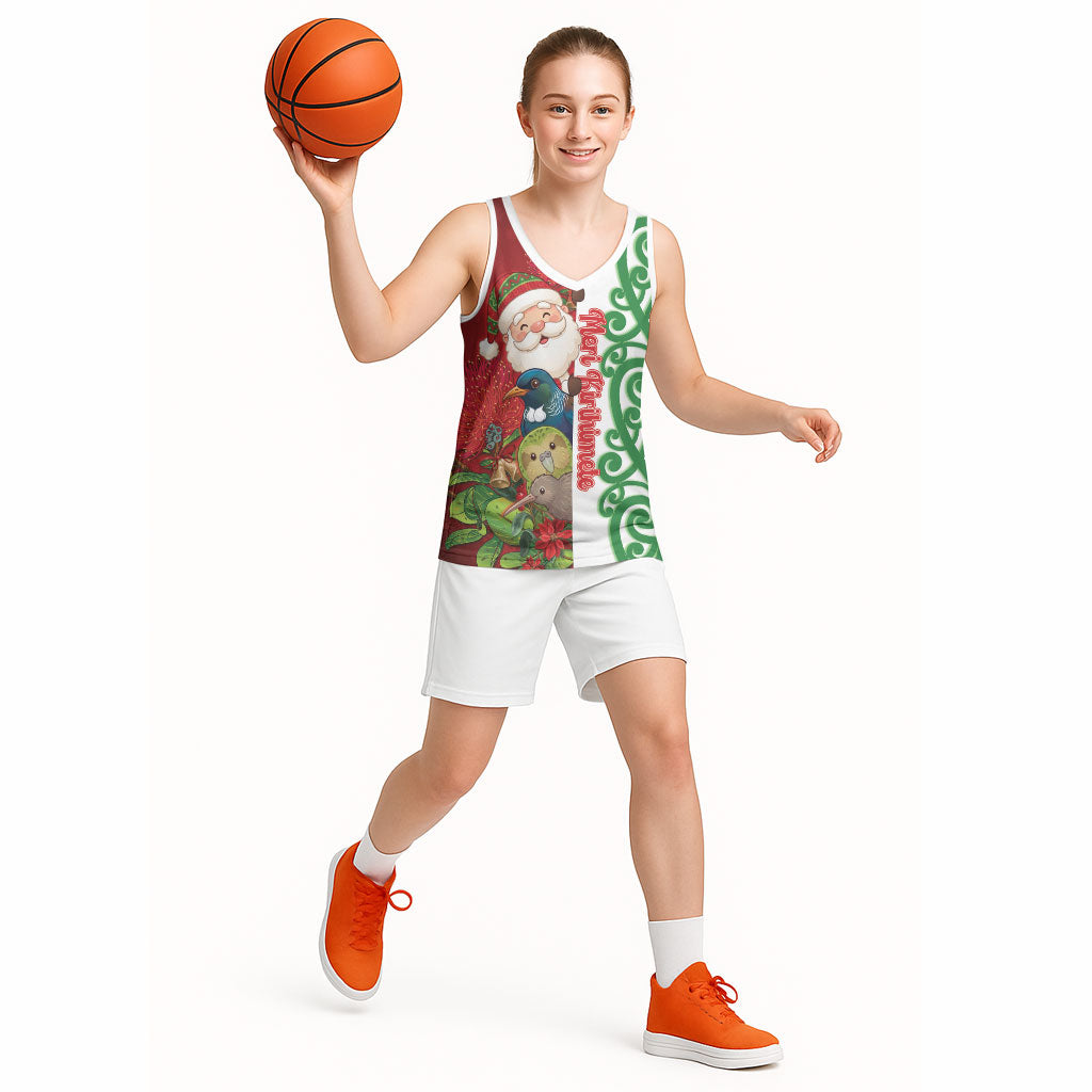 Meri Kirihimete New Zealand Personalised Basketball Jersey Cute Santa NZ Animals and Pohutukawa