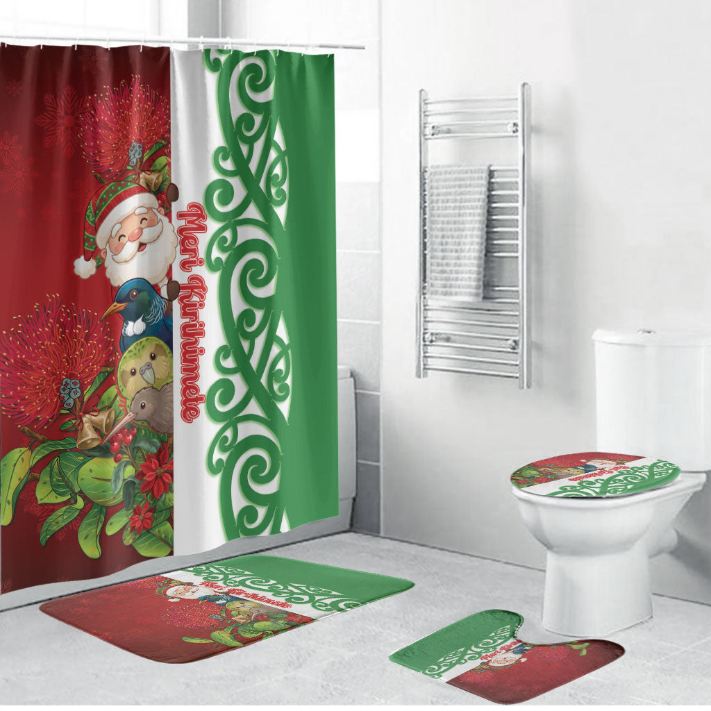 Meri Kirihimete New Zealand Bathroom Set Cute Santa NZ Animals and Pohutukawa LT14 Bathroom Set (4 pcs) Red - Polynesian Pride