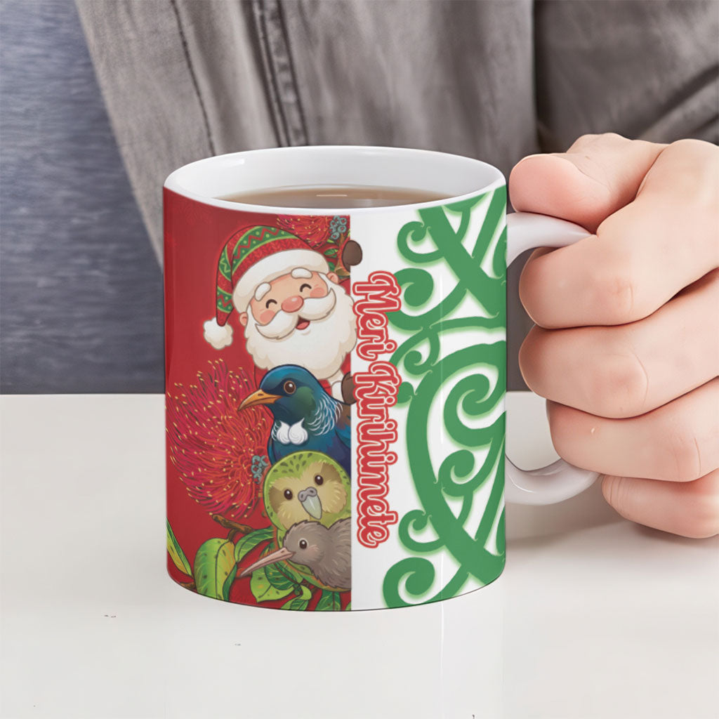 Meri Kirihimete New Zealand Personalised Ceramic Mug Cute Santa NZ Animals and Pohutukawa
