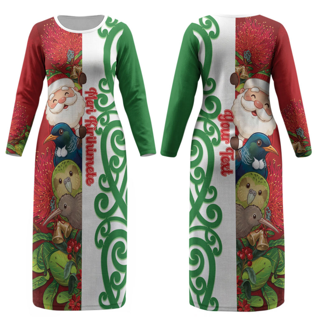 Meri Kirihimete New Zealand Personalised Couples Matching Long Sleeve Bodycon Dress and Hawaiian Shirt Cute Santa NZ Animals and Pohutukawa LT14 - Polynesian Pride