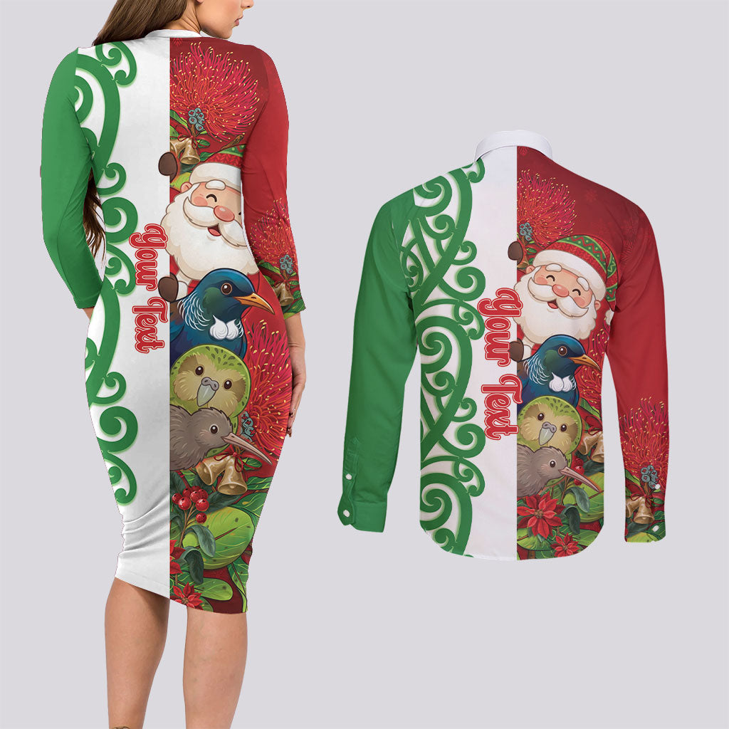 Meri Kirihimete New Zealand Personalised Couples Matching Long Sleeve Bodycon Dress and Long Sleeve Button Shirt Cute Santa NZ Animals and Pohutukawa