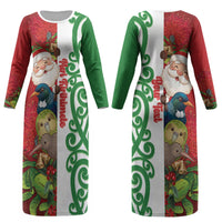 Meri Kirihimete New Zealand Personalised Couples Matching Long Sleeve Bodycon Dress and Long Sleeve Button Shirt Cute Santa NZ Animals and Pohutukawa LT14 - Polynesian Pride