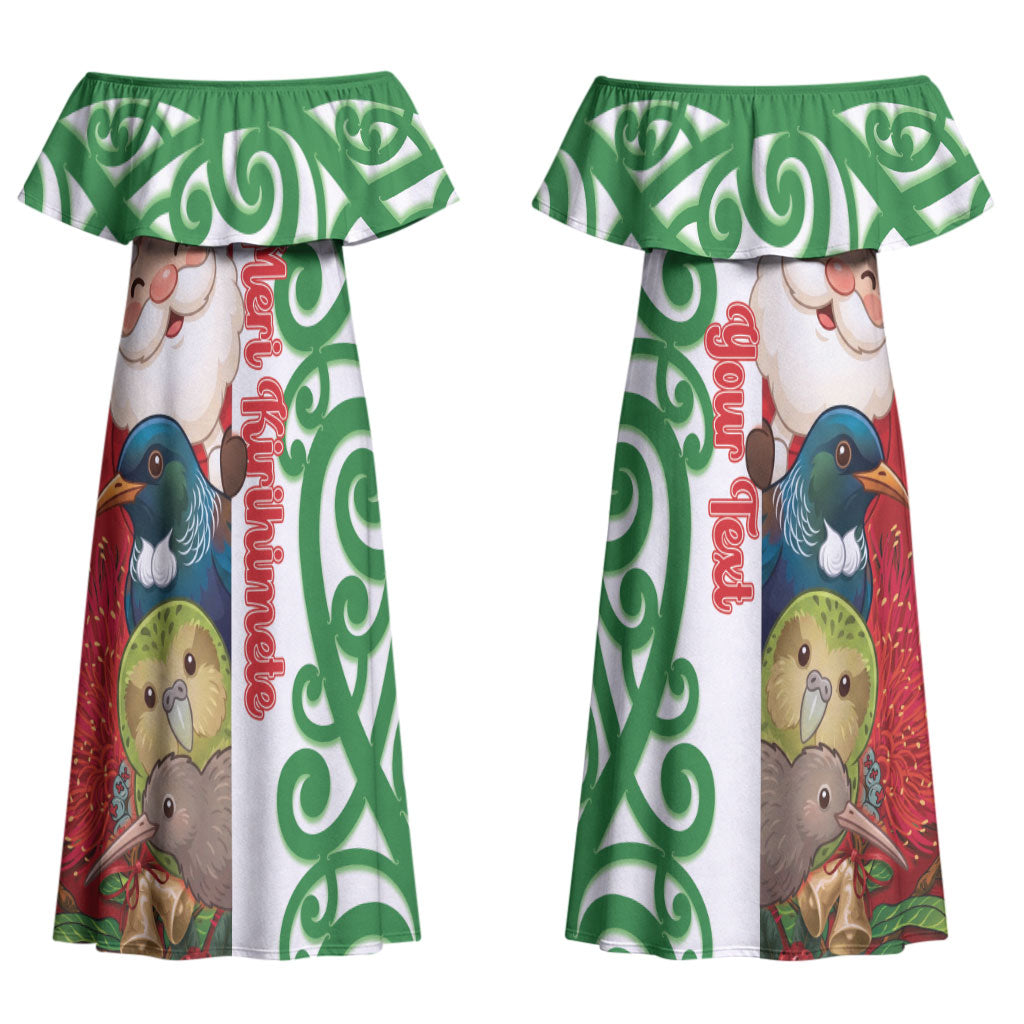 Meri Kirihimete New Zealand Personalised Couples Matching Off Shoulder Maxi Dress and Hawaiian Shirt Cute Santa NZ Animals and Pohutukawa LT14 - Polynesian Pride