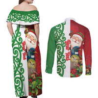 Meri Kirihimete New Zealand Personalised Couples Matching Off Shoulder Maxi Dress and Long Sleeve Button Shirt Cute Santa NZ Animals and Pohutukawa