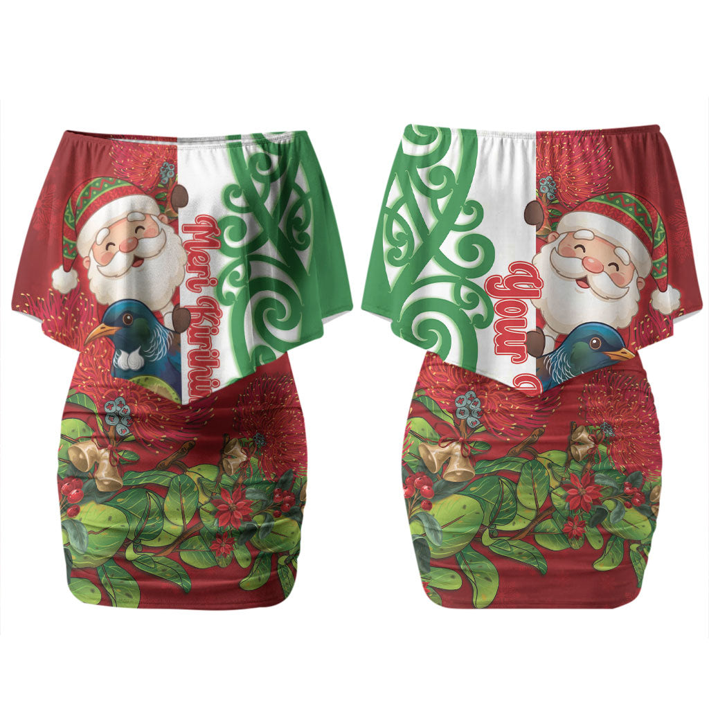 Meri Kirihimete New Zealand Personalised Couples Matching Off Shoulder Short Dress and Long Sleeve Button Shirt Cute Santa NZ Animals and Pohutukawa LT14 - Polynesian Pride