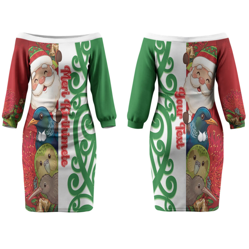 Meri Kirihimete New Zealand Personalised Couples Matching Off The Shoulder Long Sleeve Dress and Long Sleeve Button Shirt Cute Santa NZ Animals and Pohutukawa LT14 - Polynesian Pride