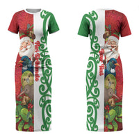 Meri Kirihimete New Zealand Personalised Couples Matching Short Sleeve Bodycon Dress and Hawaiian Shirt Cute Santa NZ Animals and Pohutukawa LT14 - Polynesian Pride