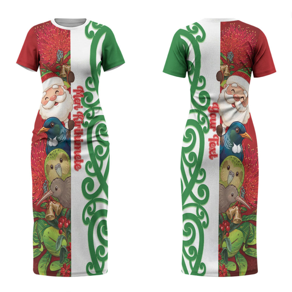 Meri Kirihimete New Zealand Personalised Couples Matching Short Sleeve Bodycon Dress and Long Sleeve Button Shirt Cute Santa NZ Animals and Pohutukawa LT14 - Polynesian Pride