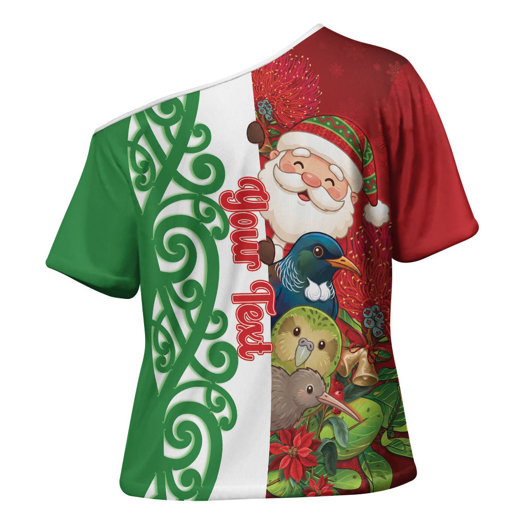 Meri Kirihimete New Zealand Personalised Cross Shoulder Shirt Cute Santa NZ Animals and Pohutukawa