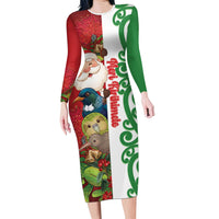 Meri Kirihimete New Zealand Personalised Family Matching Long Sleeve Bodycon Dress and Hawaiian Shirt Cute Santa NZ Animals and Pohutukawa