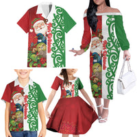 Meri Kirihimete New Zealand Personalised Family Matching Off The Shoulder Long Sleeve Dress and Hawaiian Shirt Cute Santa NZ Animals and Pohutukawa