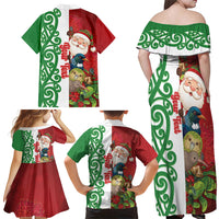 Meri Kirihimete New Zealand Personalised Family Matching Off Shoulder Maxi Dress and Hawaiian Shirt Cute Santa NZ Animals and Pohutukawa