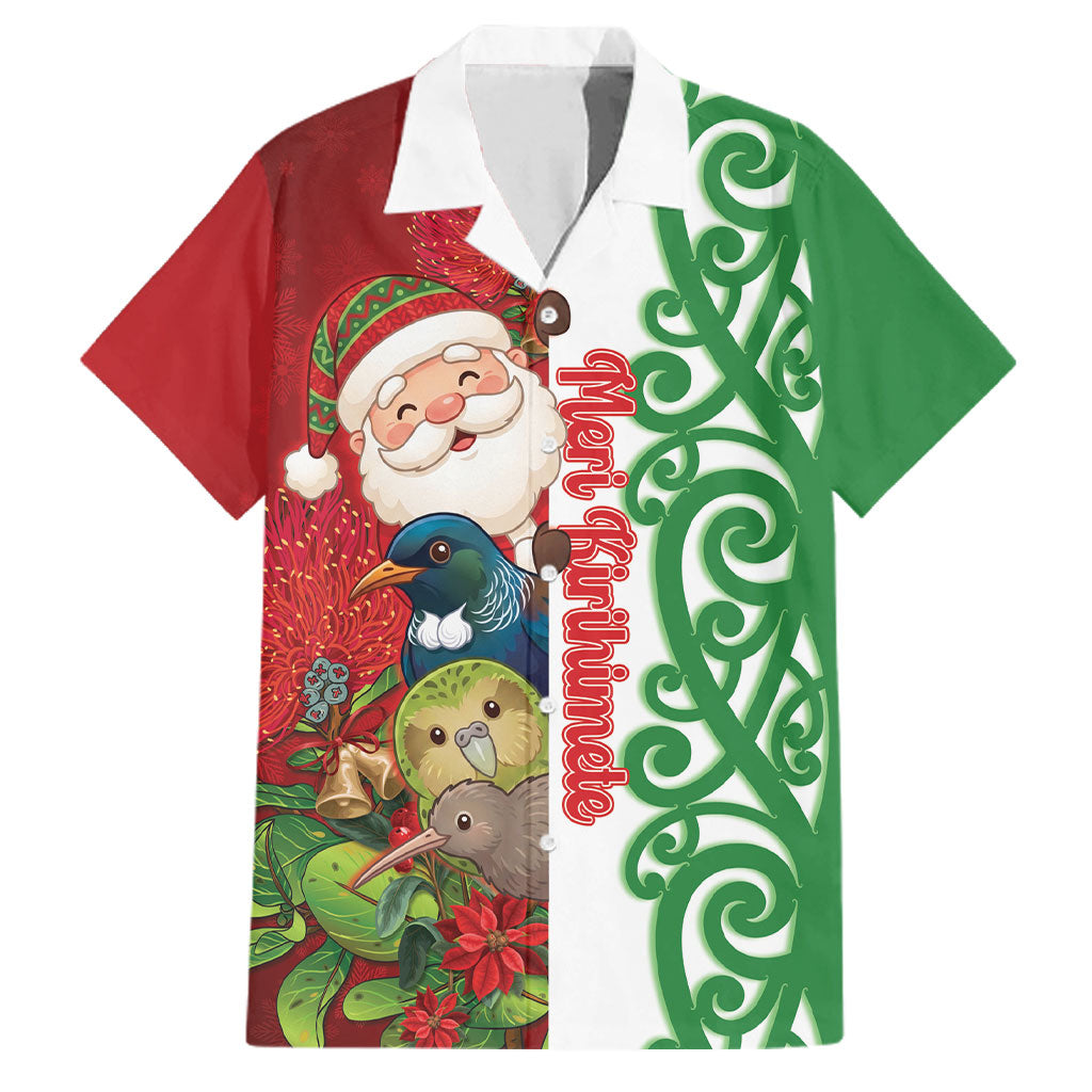 Meri Kirihimete New Zealand Personalised Family Matching Off Shoulder Short Dress and Hawaiian Shirt Cute Santa NZ Animals and Pohutukawa